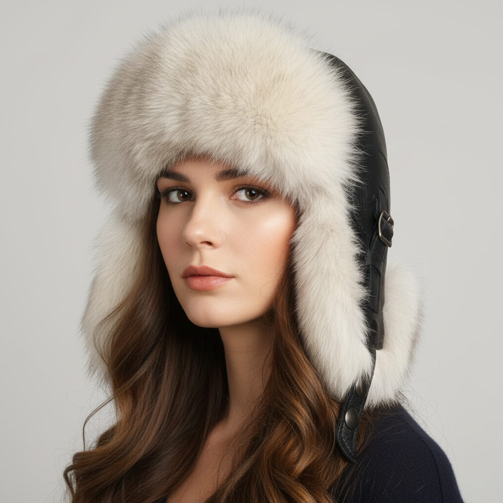 White fox fur aviator hat with black leather ear flaps, handmade in Quebec – front studio view on female model.