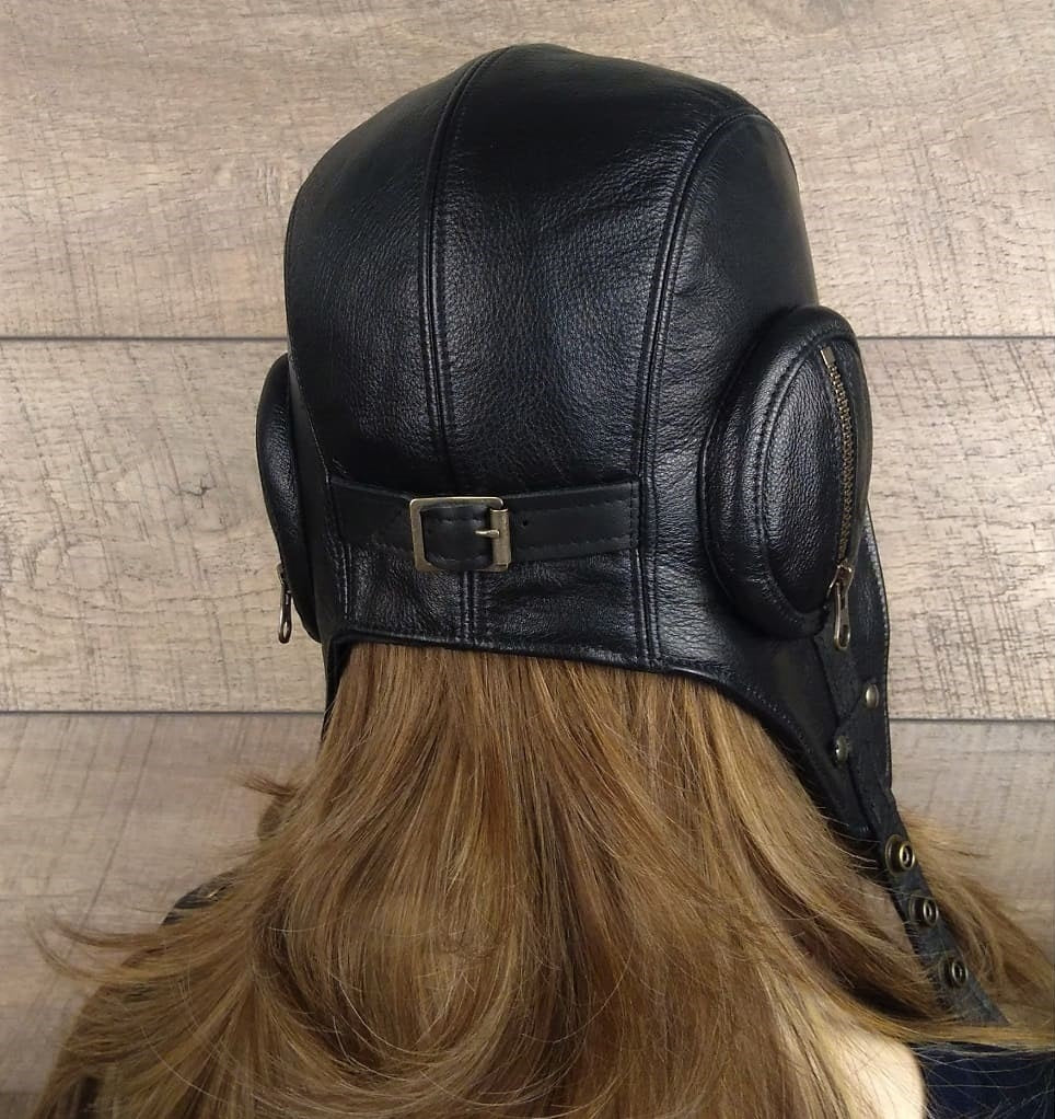 Black Leather Aviator Helmet - William Model without Visor