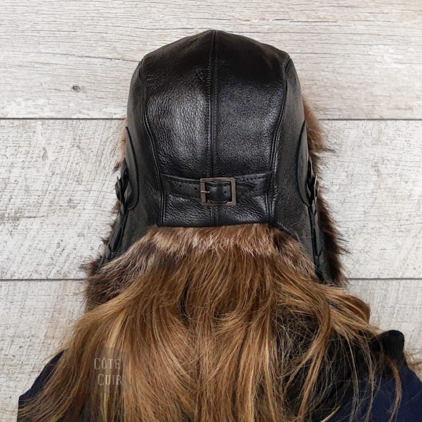 Raccoon Fur Aviator Hat, Black Leather - Simon Model