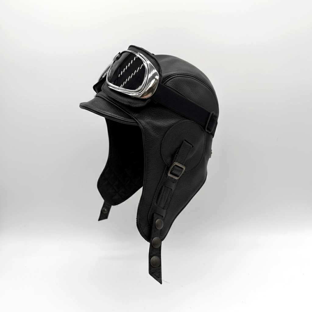 Black Leather Aviator Hat - Simon Model