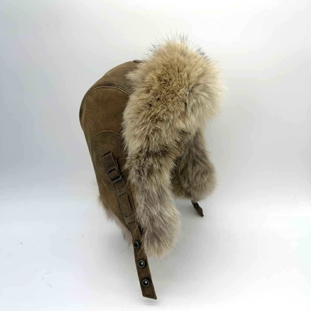 Wolf Fur Aviator Hat, Antique Brown Leather - Simon Model
