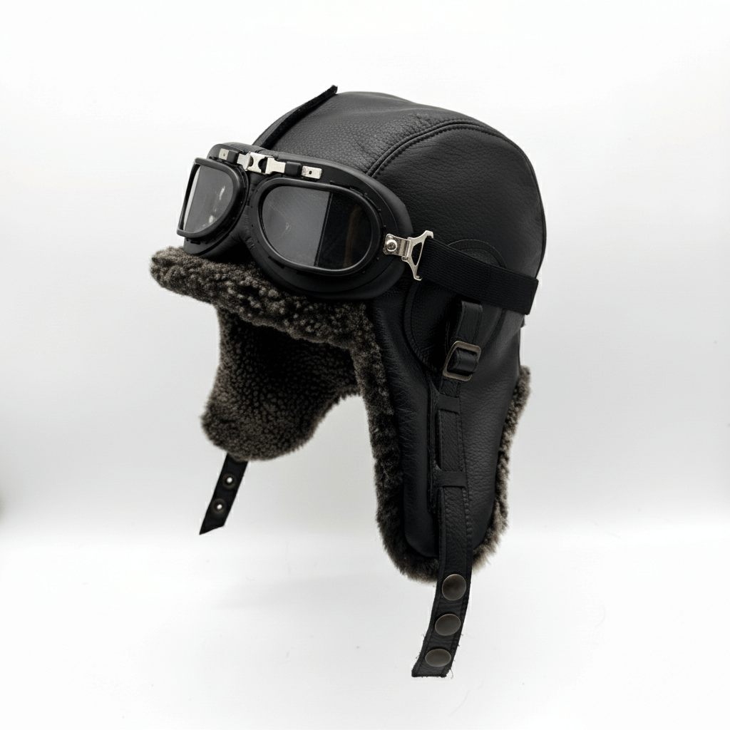 Chapeau aviateur en peau de mouton grise, cuir noir - Modèle Simon