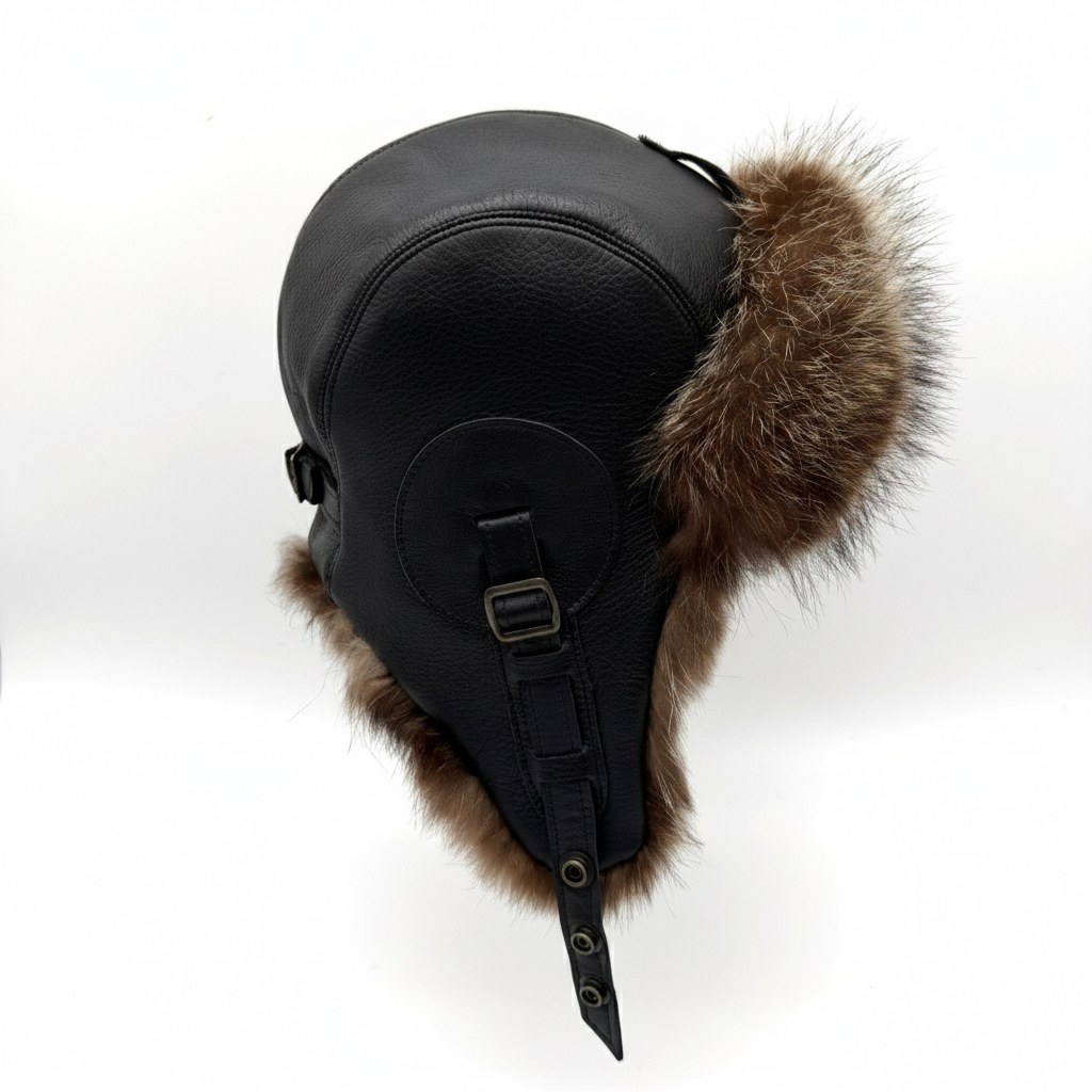 Raccoon Fur Aviator Hat, Black Leather - Simon Model