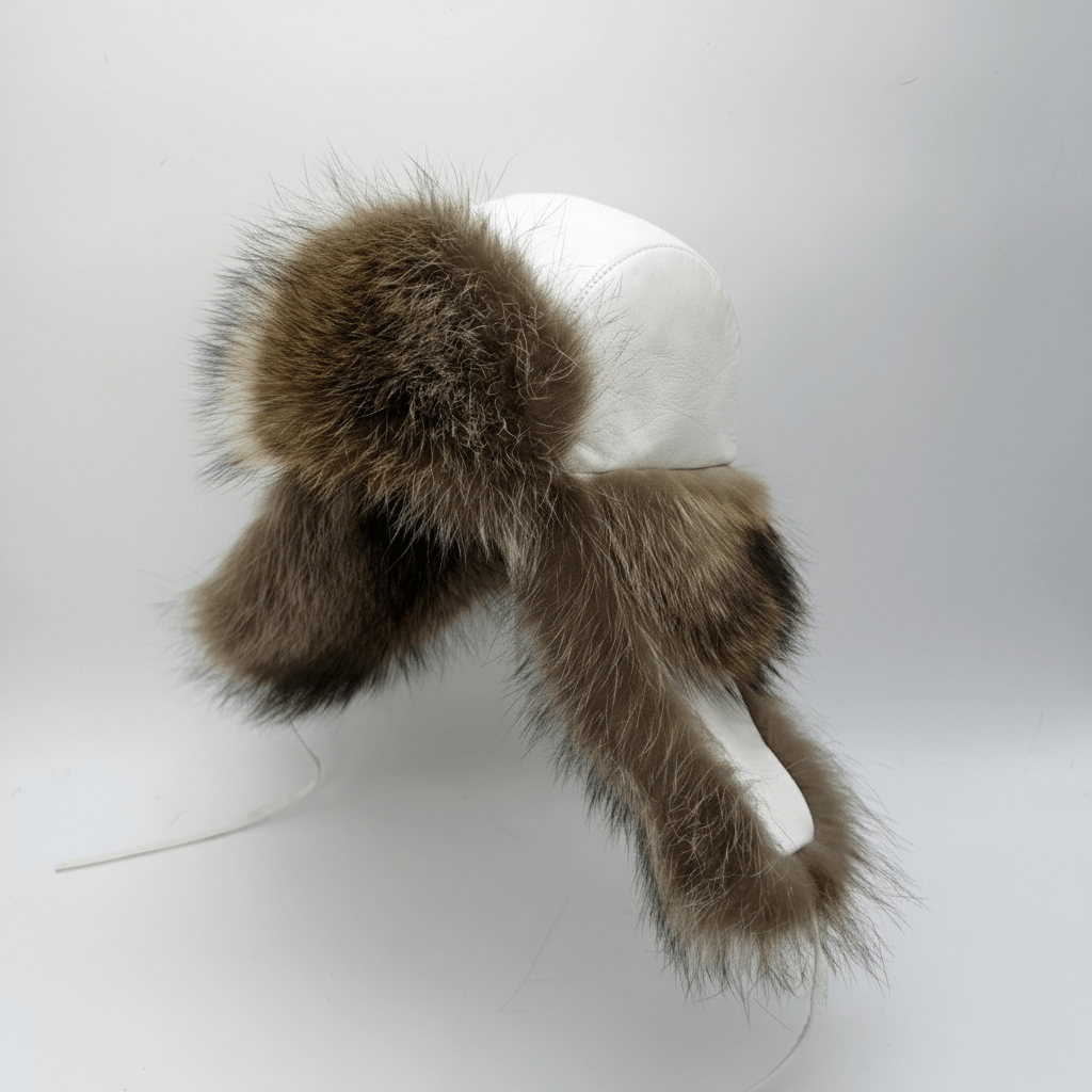 Raccoon Fur Trapper Hat, White Leather