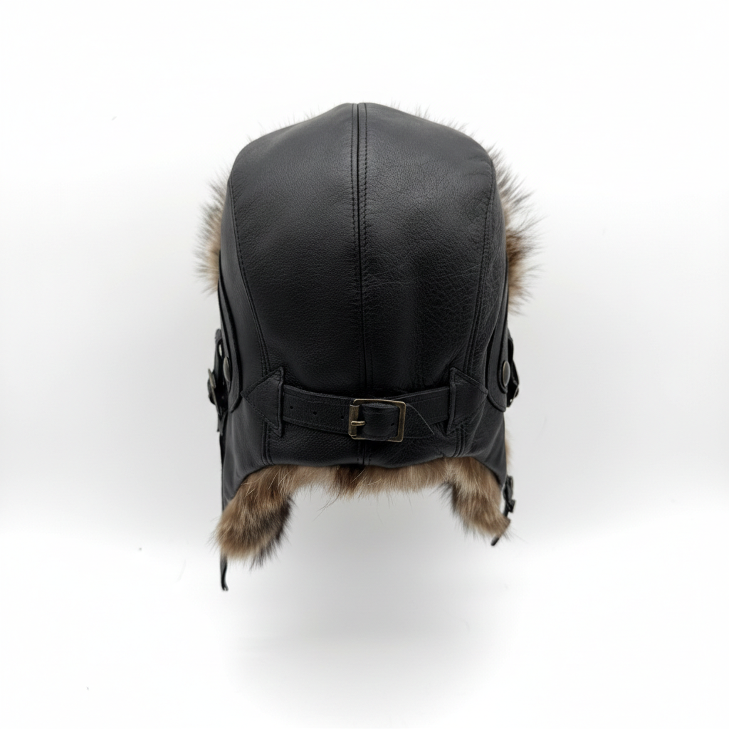 Raccoon Fur Aviator Hat, Black Leather - Antoine Model