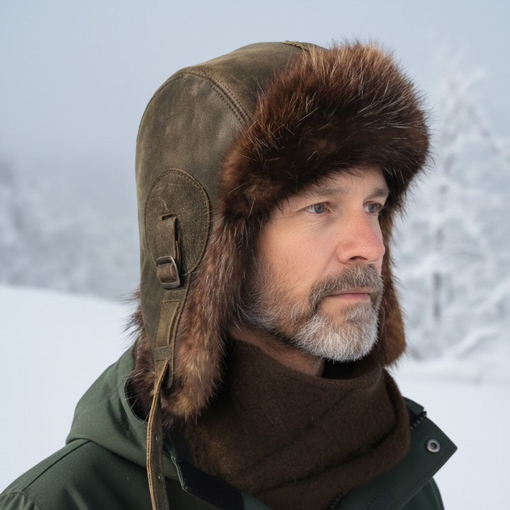 Beaver Fur Aviator Hat, Antique Brown Leather - Simon Model