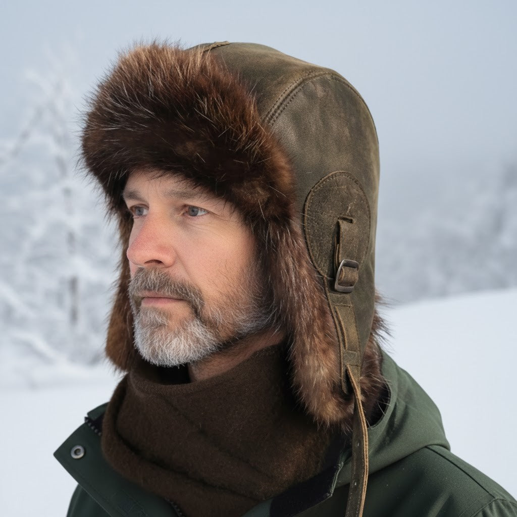 Chapeau aviateur en fourrure de castor, cuir marron antique - Modèle Simon