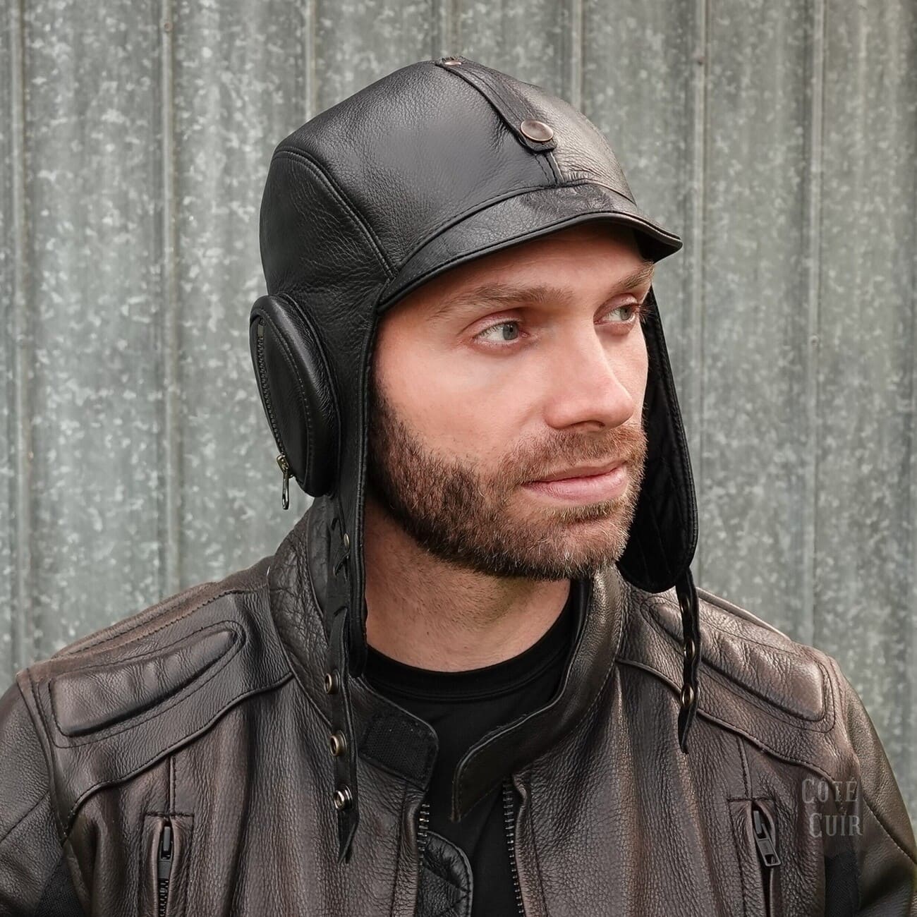 black leather aviator hat