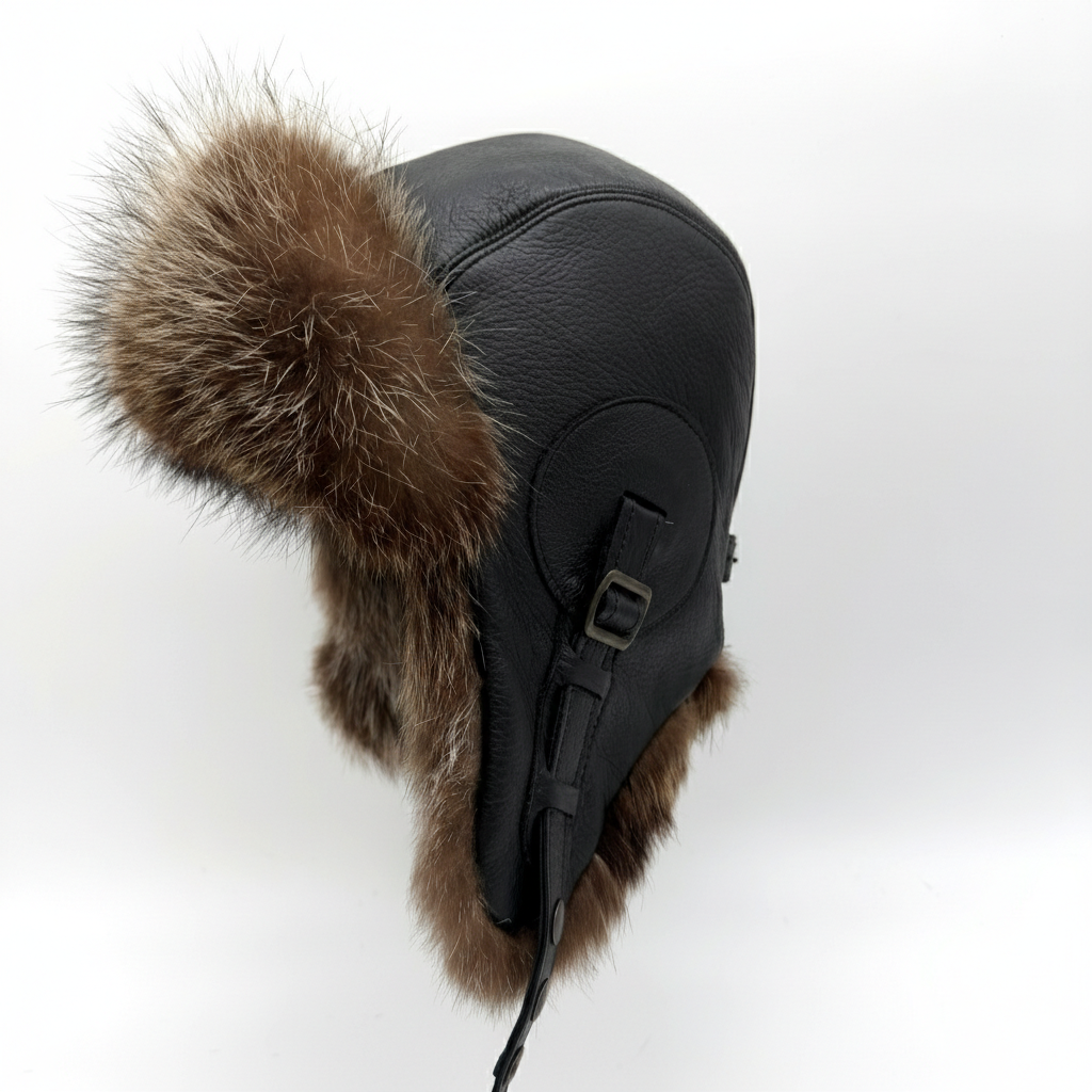 Raccoon Fur Aviator Hat, Black Leather - Simon Model