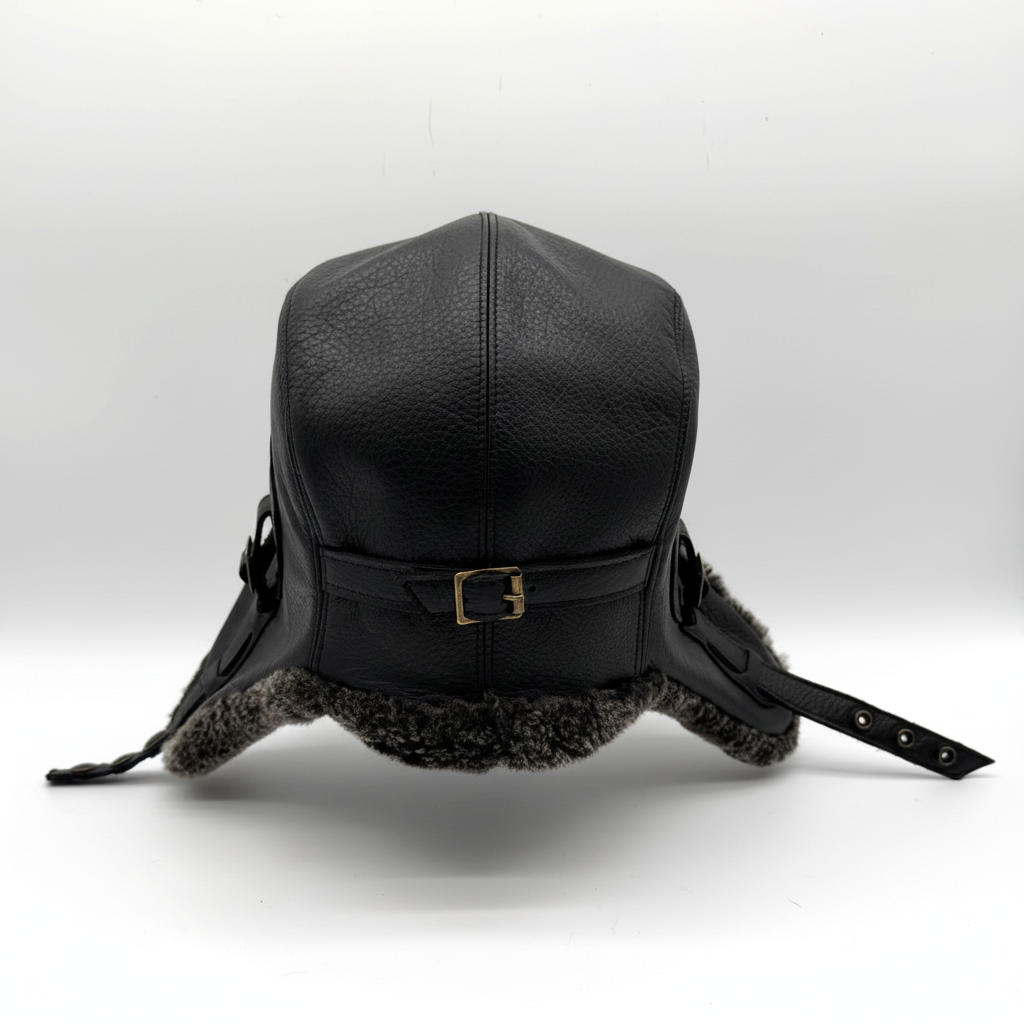 Gray Sheepskin Aviator Hat, Black Leather - Simon Model