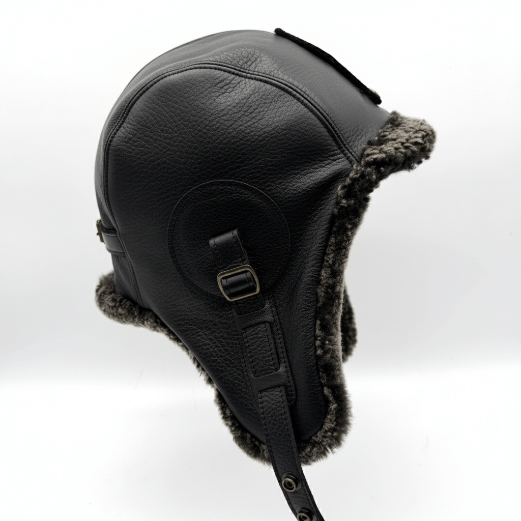 Chapeau aviateur en peau de mouton grise, cuir noir - Modèle Simon