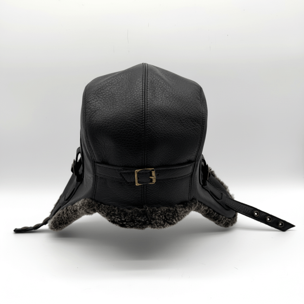 Chapeau aviateur en peau de mouton grise, cuir noir - Modèle Simon