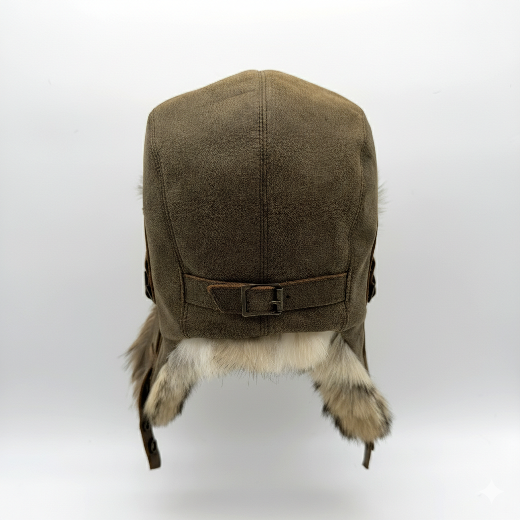 Coyote Fur Aviator Hat, Antique Brown Leather - Simon Model