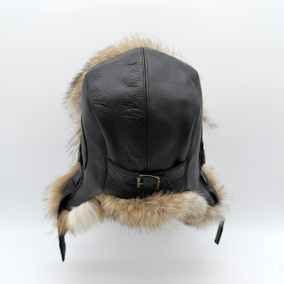 Coyote Fur Aviator Hat, Black Leather - Simon Model