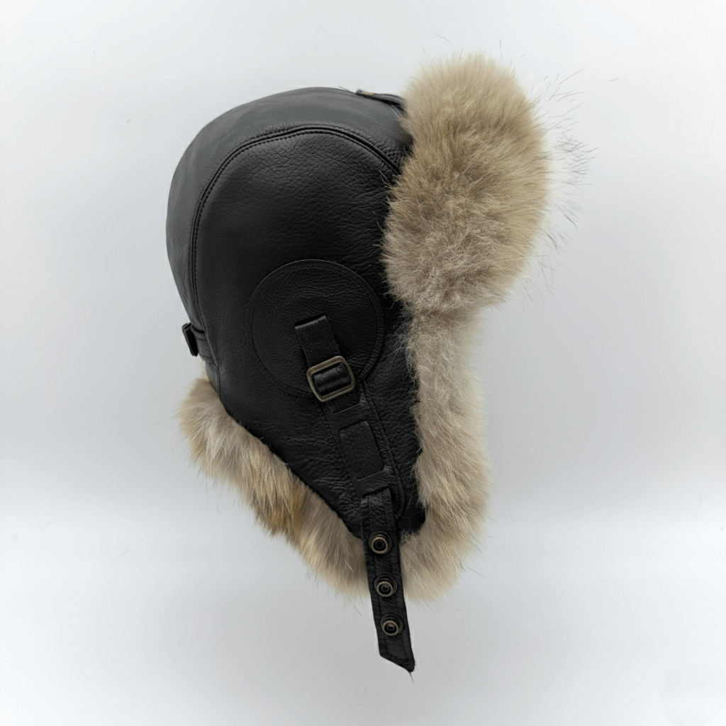 Chapeau aviateur en fourrure de loup, cuir marron antique - Modèle Simon