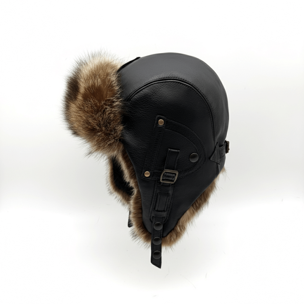 Raccoon Fur Aviator Hat, Black Leather - Antoine Model