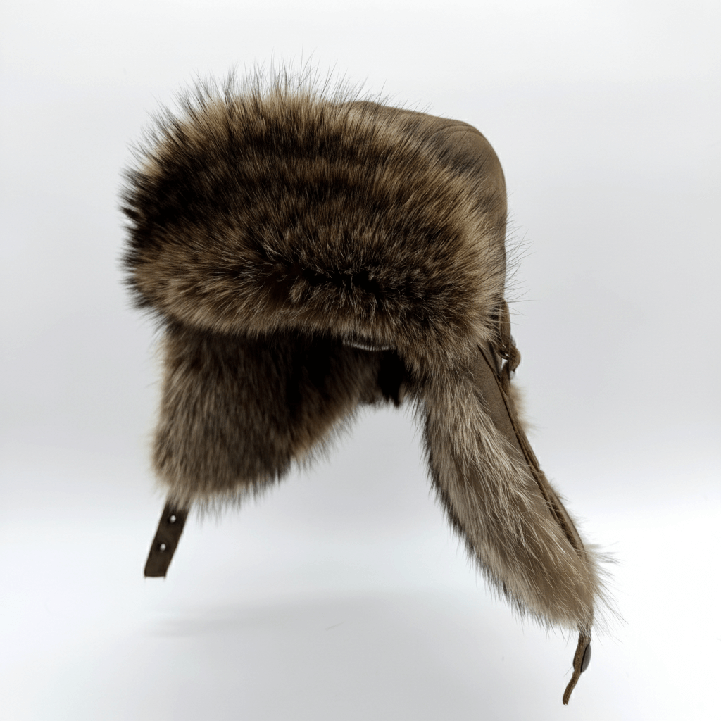 Raccoon Fur Aviator Hat, Antique Brown Leather - Antoine Model