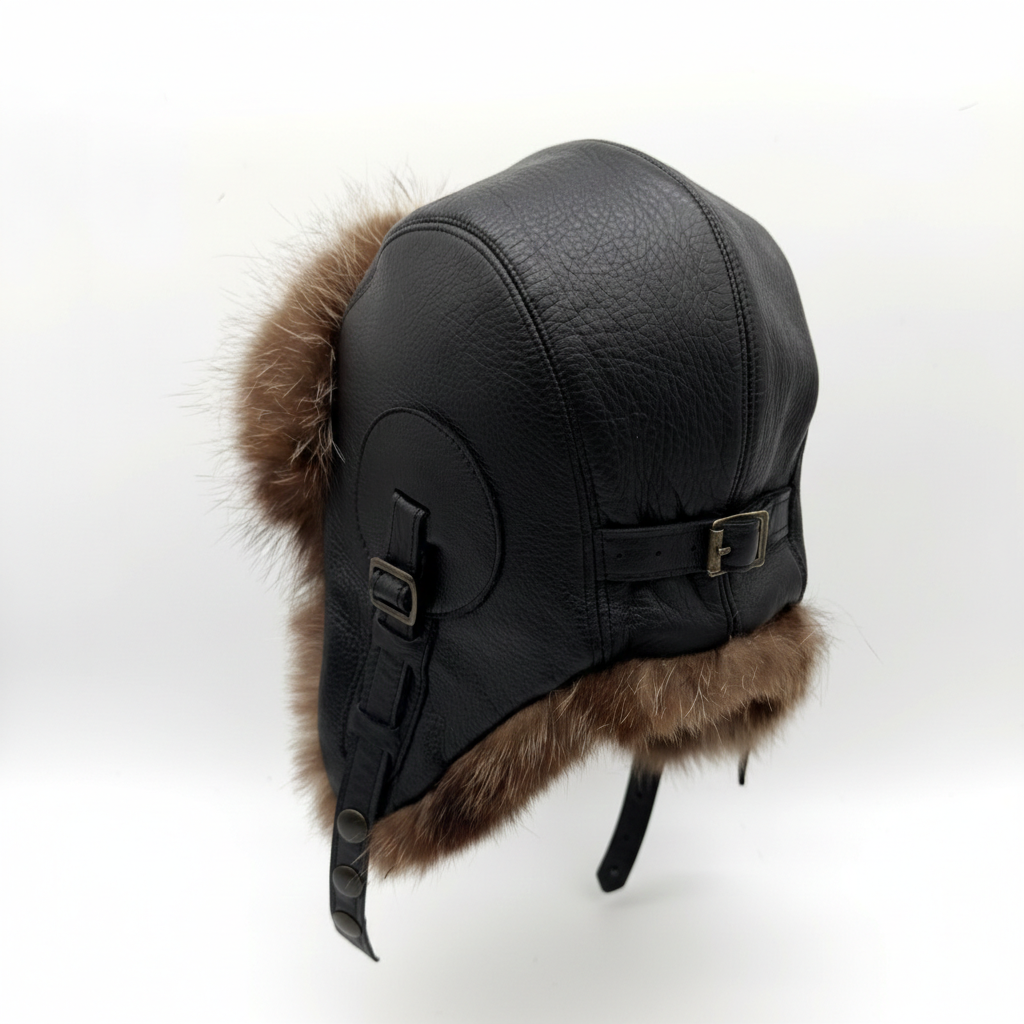 Raccoon Fur Aviator Hat, Black Leather - Simon Model