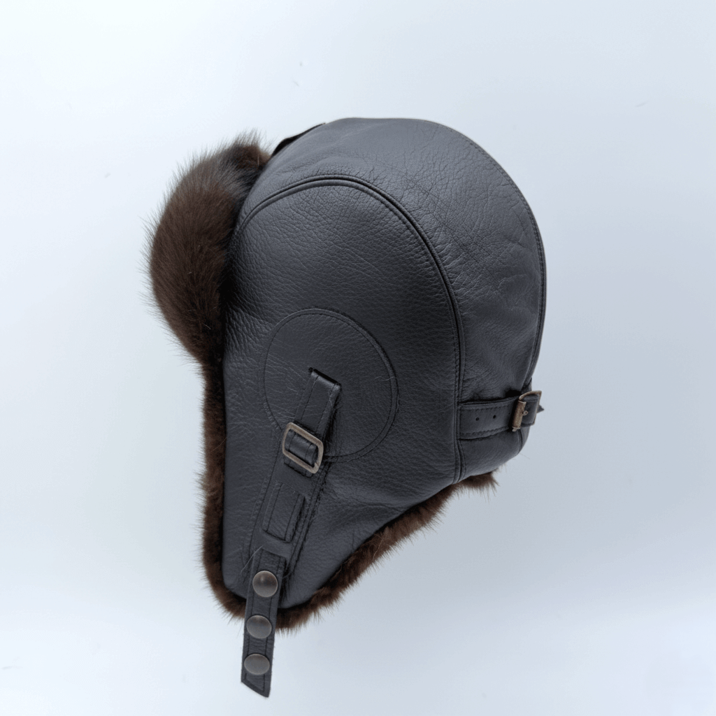 Chapeau aviateur en fourrure de vison noir, cuir noir - Modèle Simon