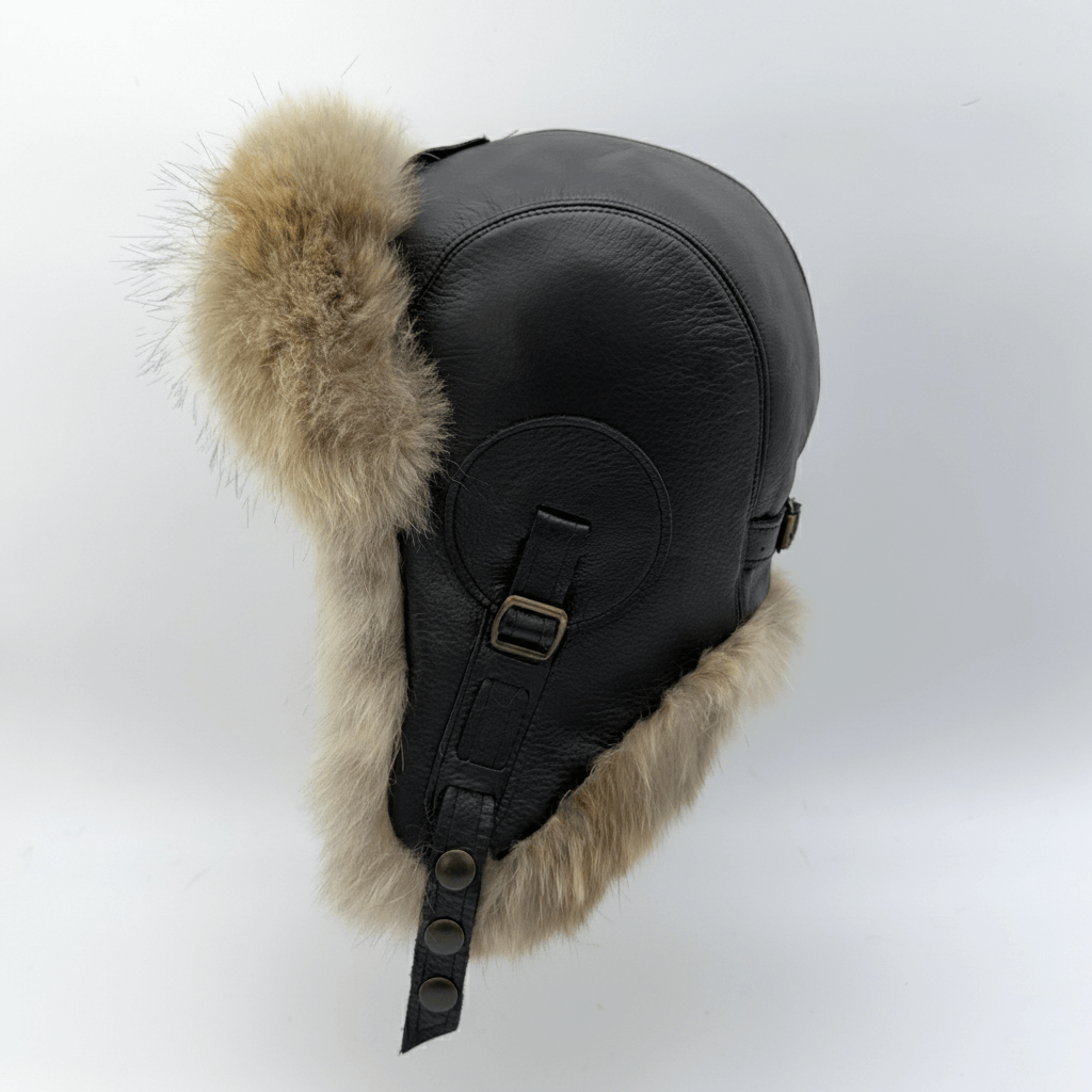 Wolf Fur Aviator Hat, Black Leather - Simon Model