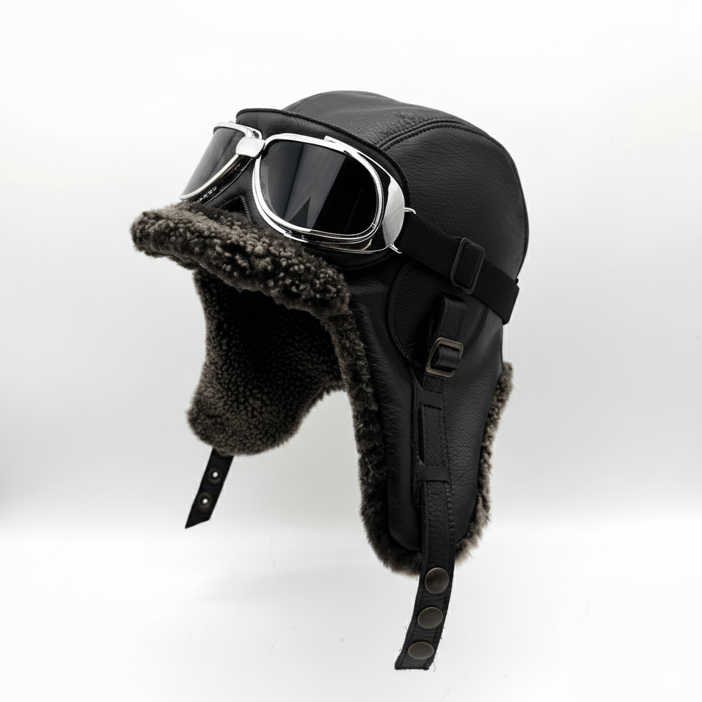 Gray Sheepskin Aviator Hat, Black Leather - Simon Model