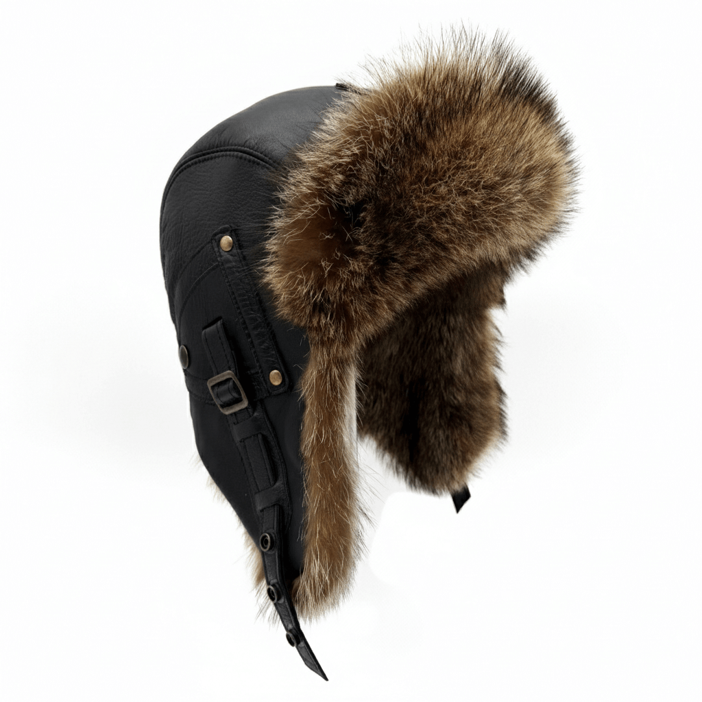 Raccoon Fur Aviator Hat, Black Leather - Antoine Model