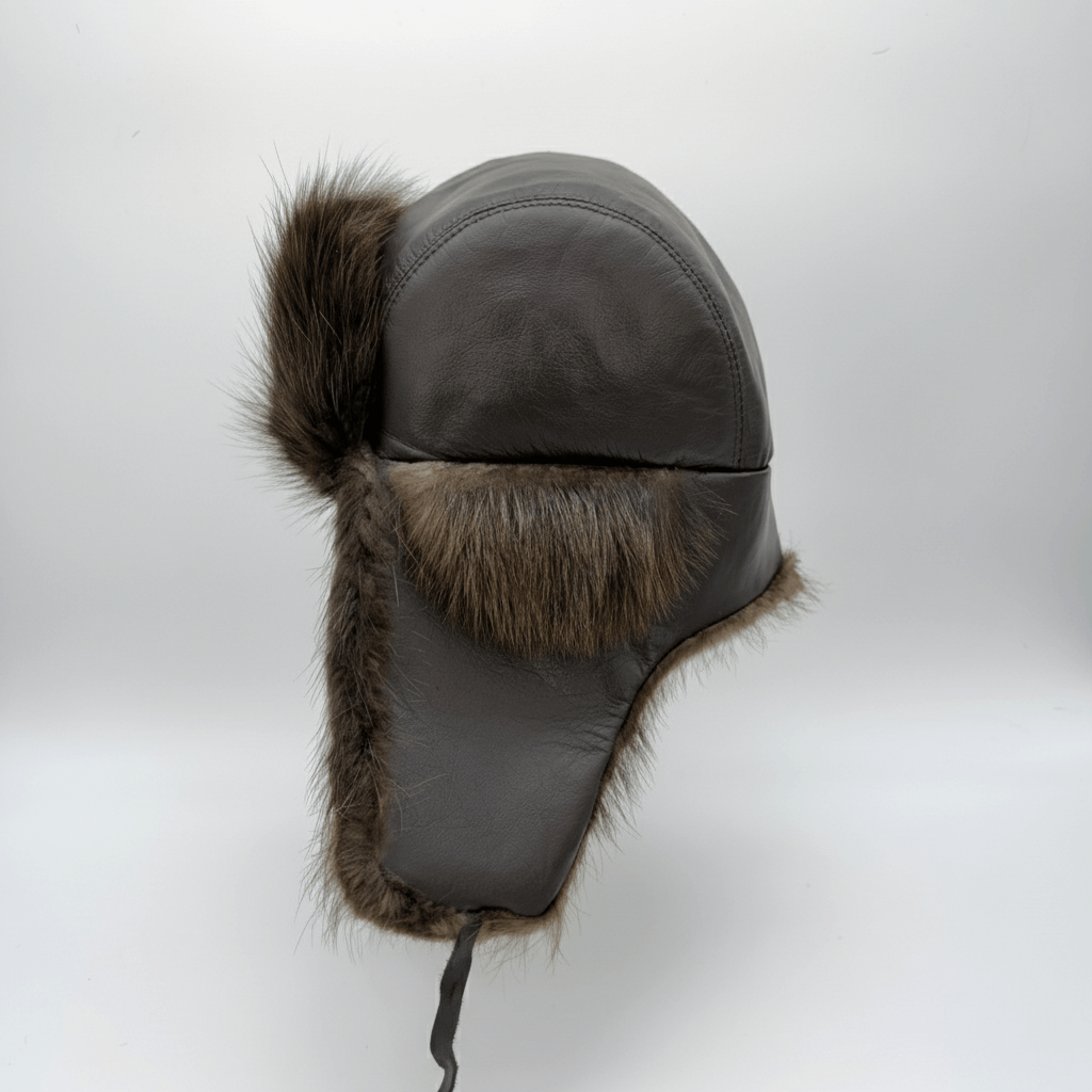 Beaver Fur Trapper Hat, Brown Leather