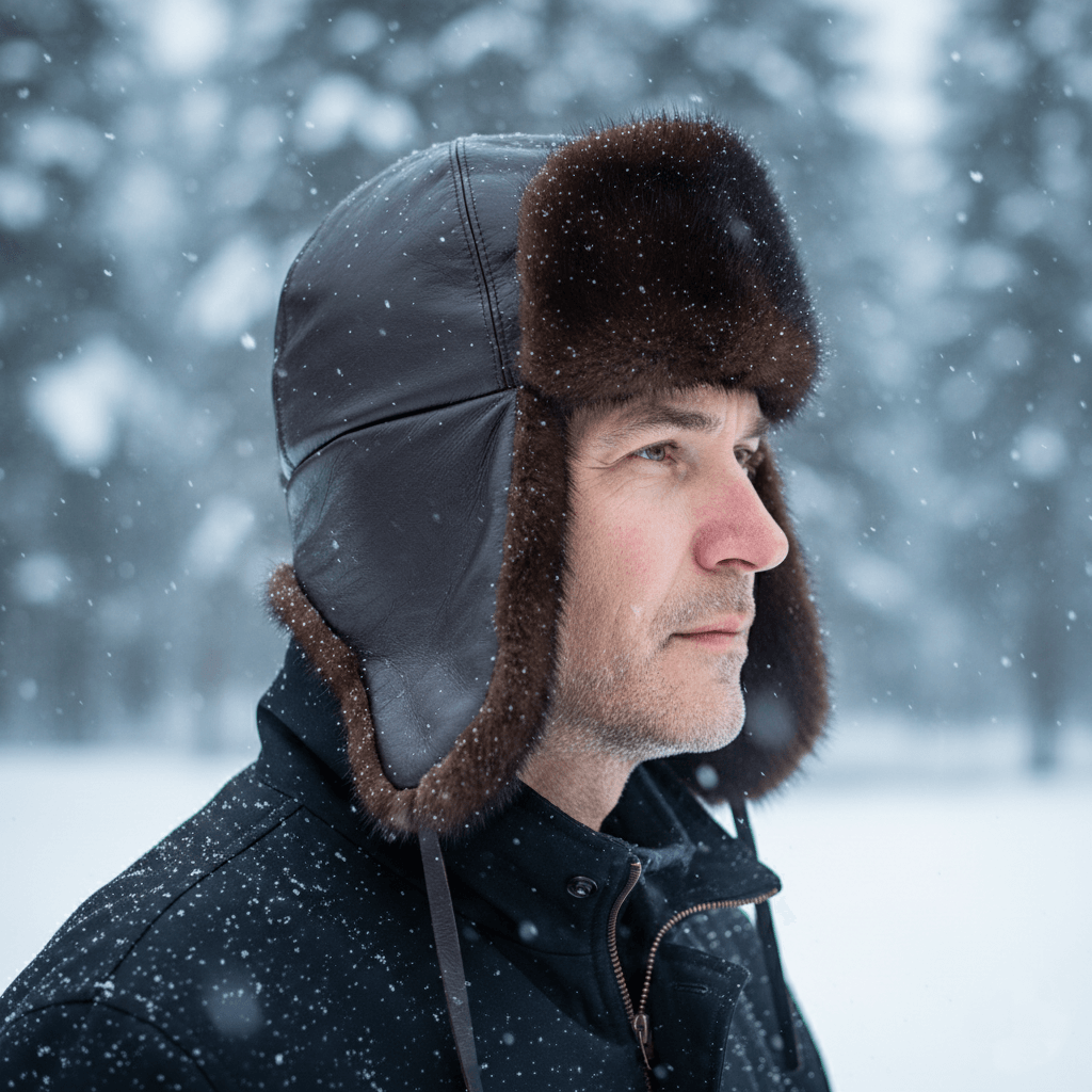 Brown Mink Fur Aviator Hat, Brown Leather - Charles Model