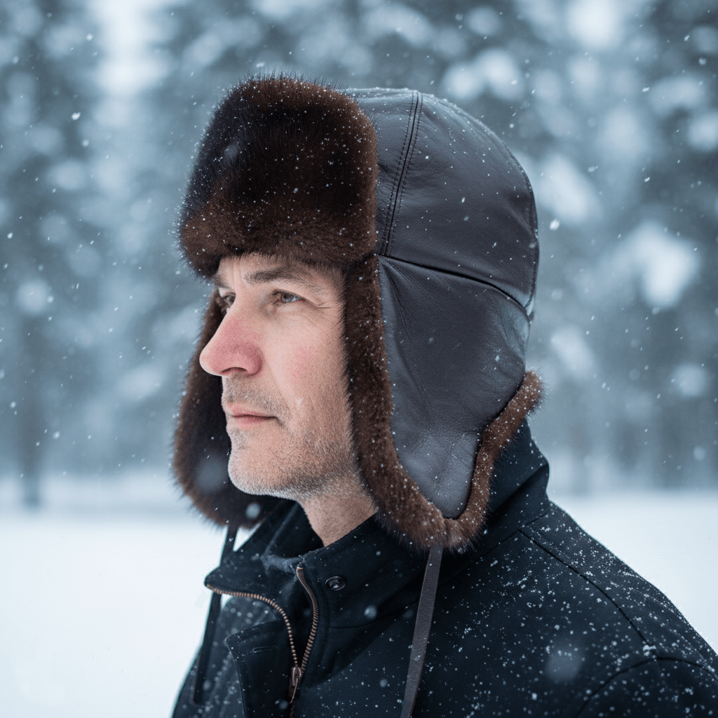 Chapeau aviateur en fourrure de vison marron, cuir marron - Modèle Charles