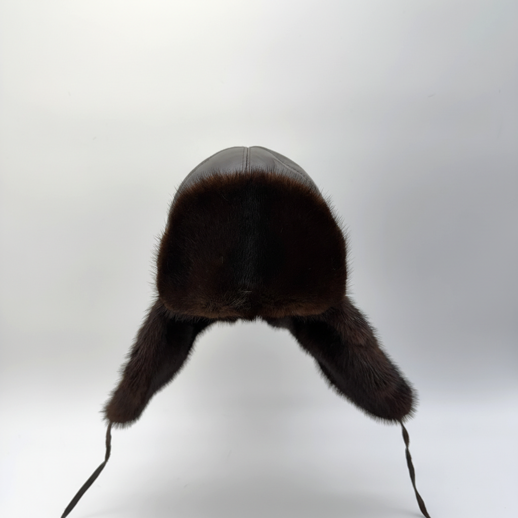 Chapeau aviateur en fourrure de vison marron, cuir marron - Modèle Charles