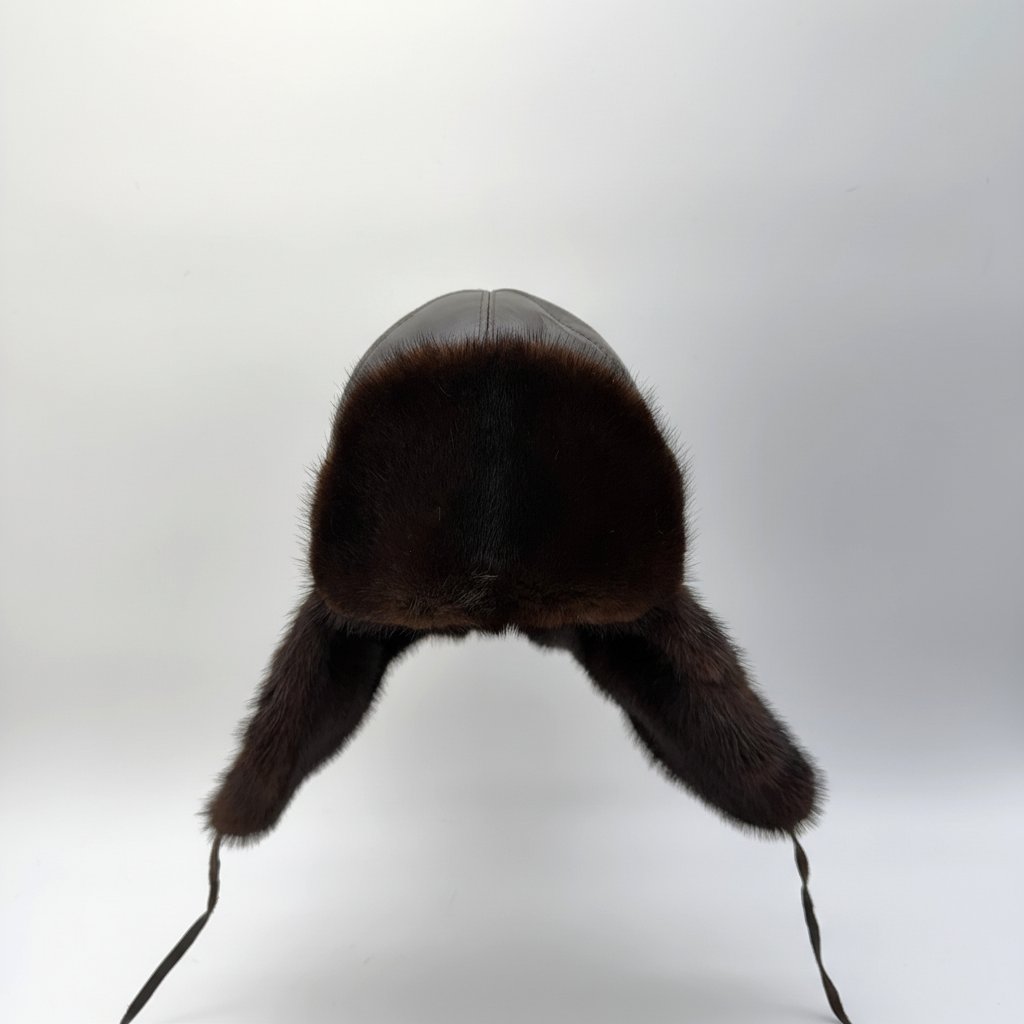 Close-up detail of leather and stitching on Recycled Brown Mink Fur Aviator Hat, Brown Leather Charles Model