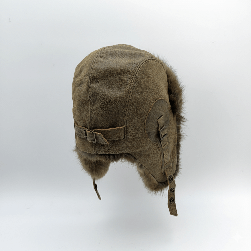Muskrat Fur Aviator Hat, Antique Brown Leather - Simon Model