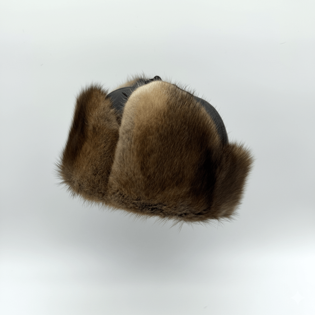 Chapeau aviateur en fourrure de rat musqué naturelle, cuir marron - Modèle Charles