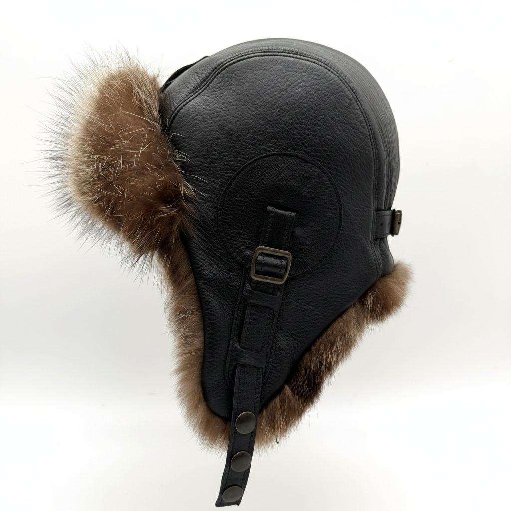 Raccoon Fur Aviator Hat, Black Leather - Simon Model