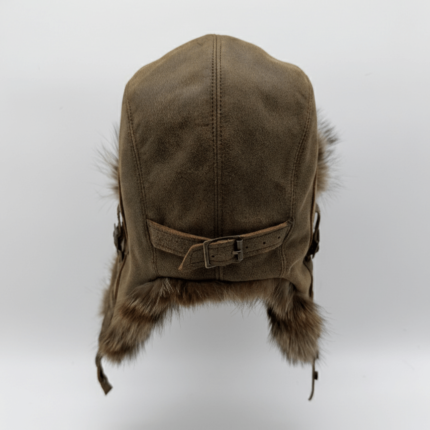Chapeau aviateur en fourrure de raton laveur, cuir marron antique - Modèle Simon