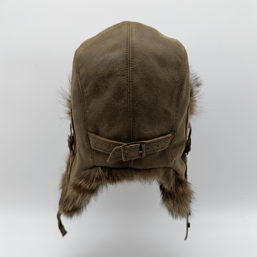 Chapeau aviateur en fourrure de raton laveur, cuir marron antique - Modèle Simon