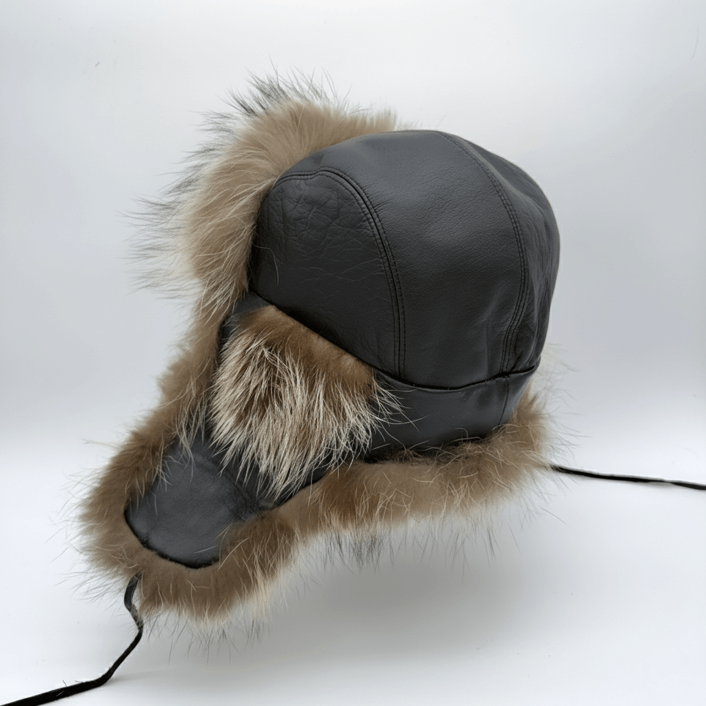 Raccoon Fur Trapper Hat, Black Leather