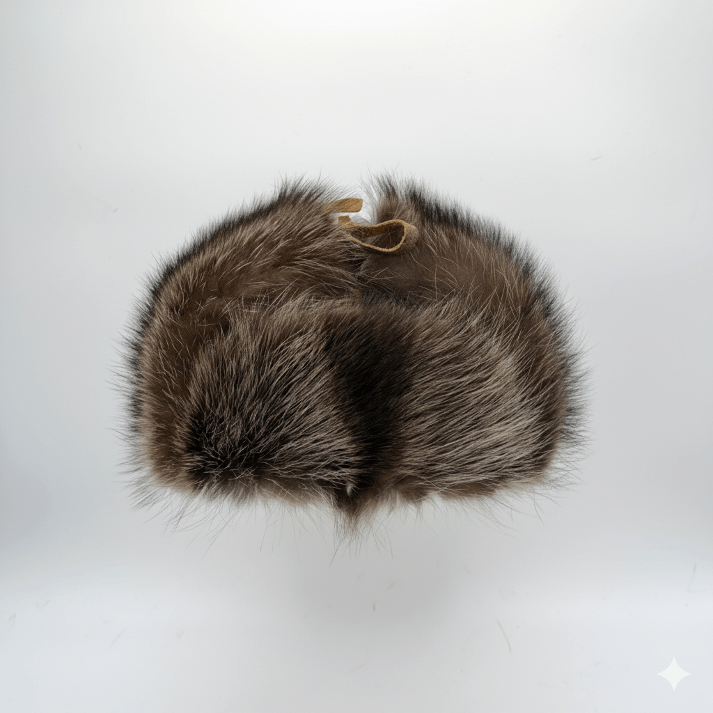 Chapeau trappeur en fourrure de raton laveur, cuir noir