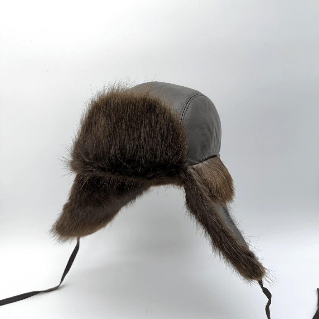 Beaver Fur Trapper Hat, Brown Leather