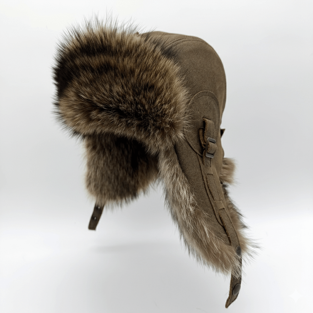 Raccoon Fur Aviator Hat, Antique Brown Leather - Simon Model