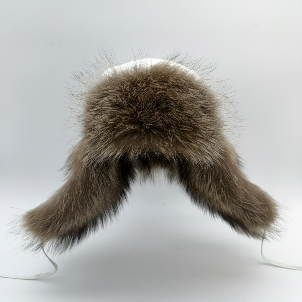 Raccoon Fur Trapper Hat, White Leather