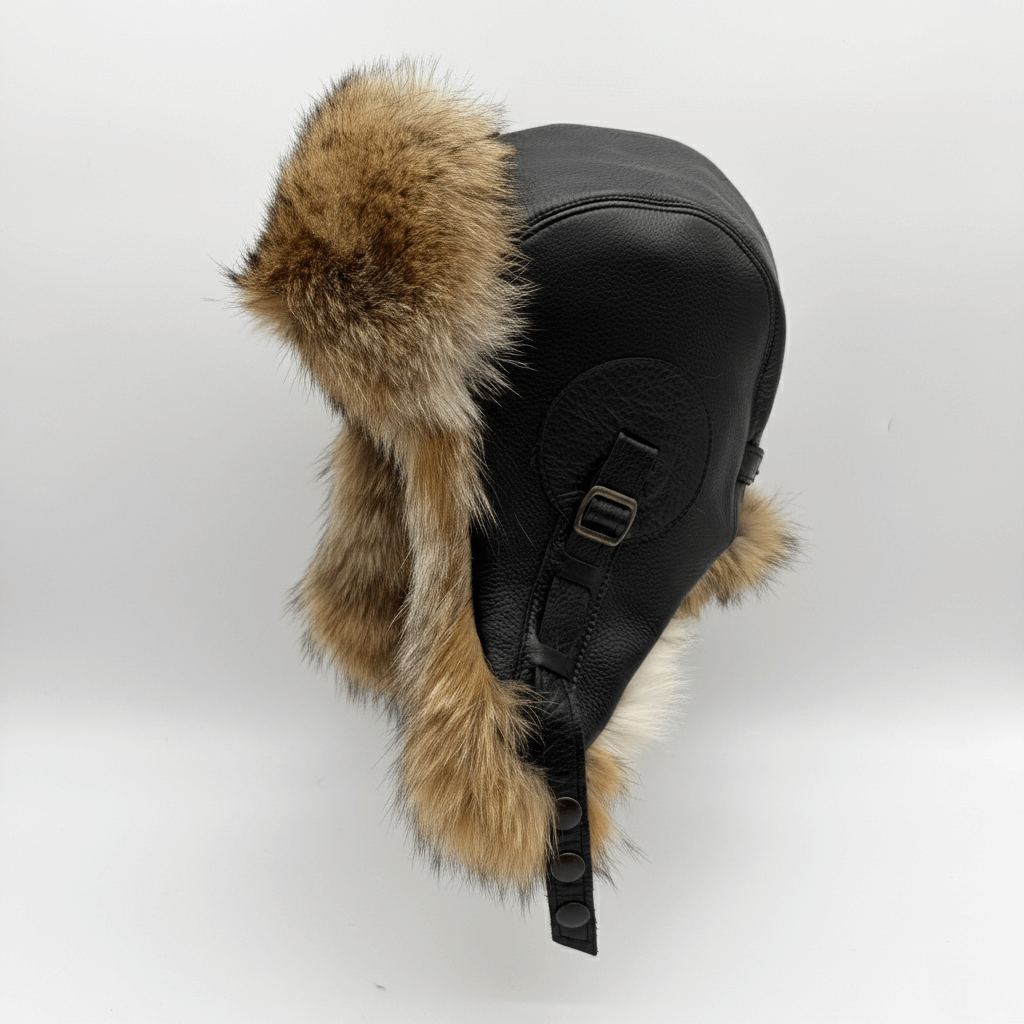 Chapeau aviateur en fourrure de coyote recyclée et cuir noir – Modèle Simon