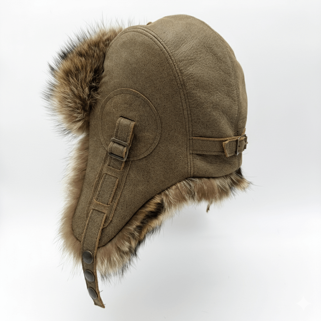 Chapeau aviateur en fourrure de raton laveur, cuir marron antique - Modèle Simon