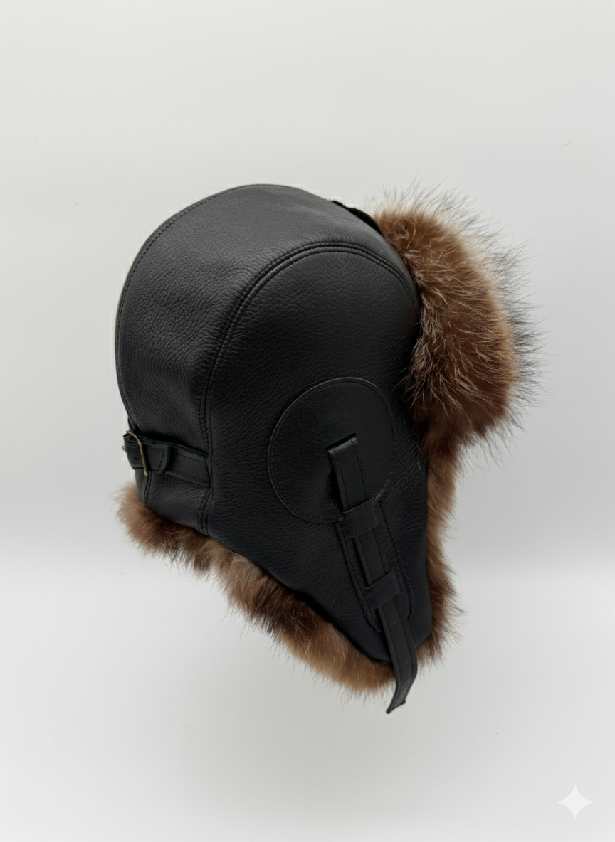 Raccoon Fur Aviator Hat, Black Leather - Simon Model