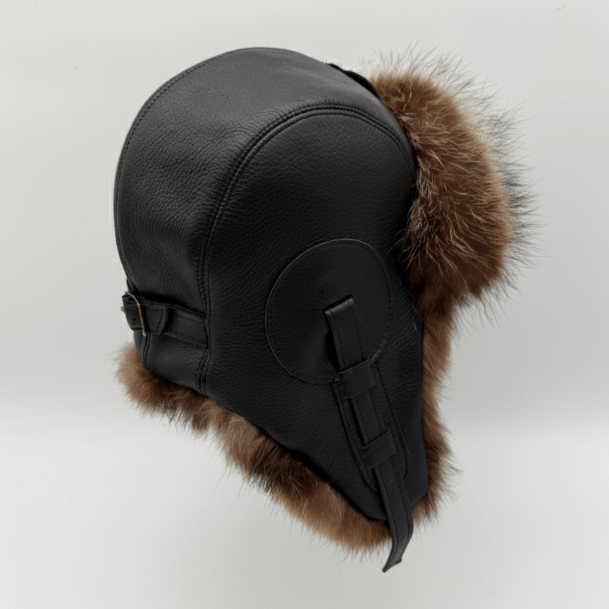 Chapeau aviateur en fourrure de raton laveur, cuir noir - Modèle Simon