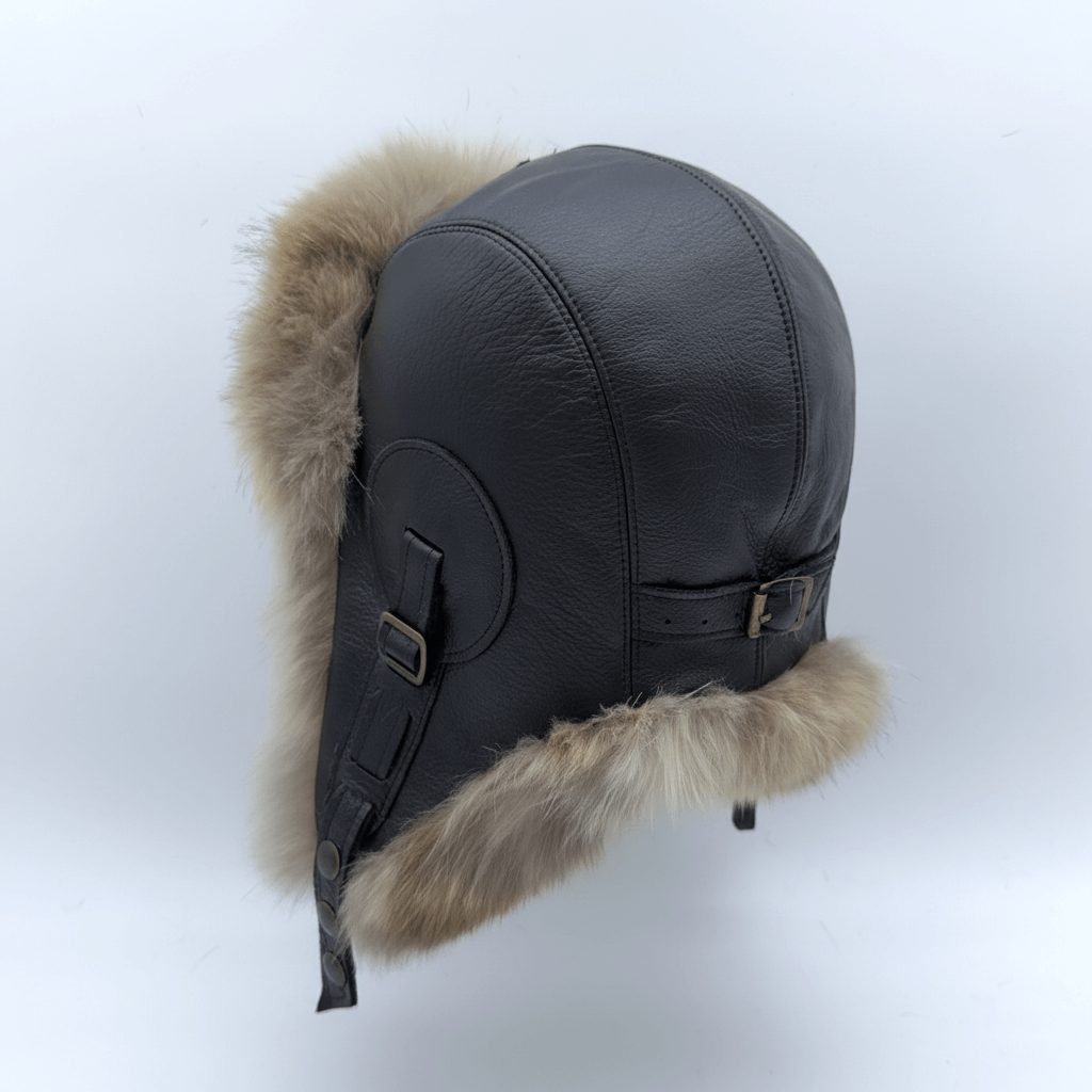 Wolf Fur Aviator Hat, Black Leather - Simon Model