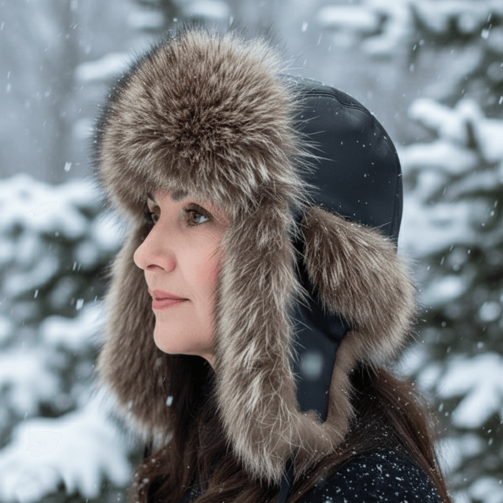 Chapeau de trappeur en fourrure de raton laveur, cuir blanc