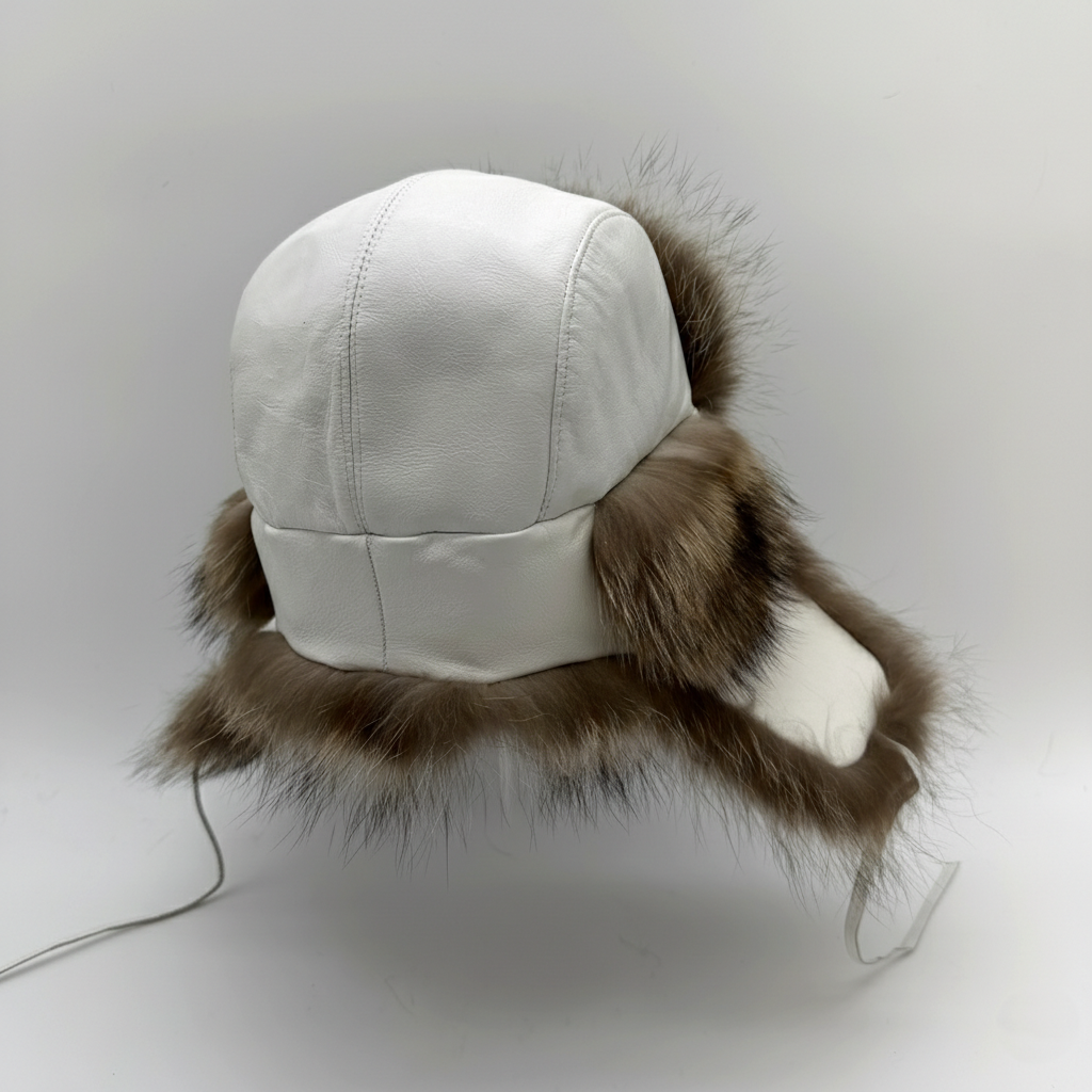 Raccoon Fur Trapper Hat, White Leather