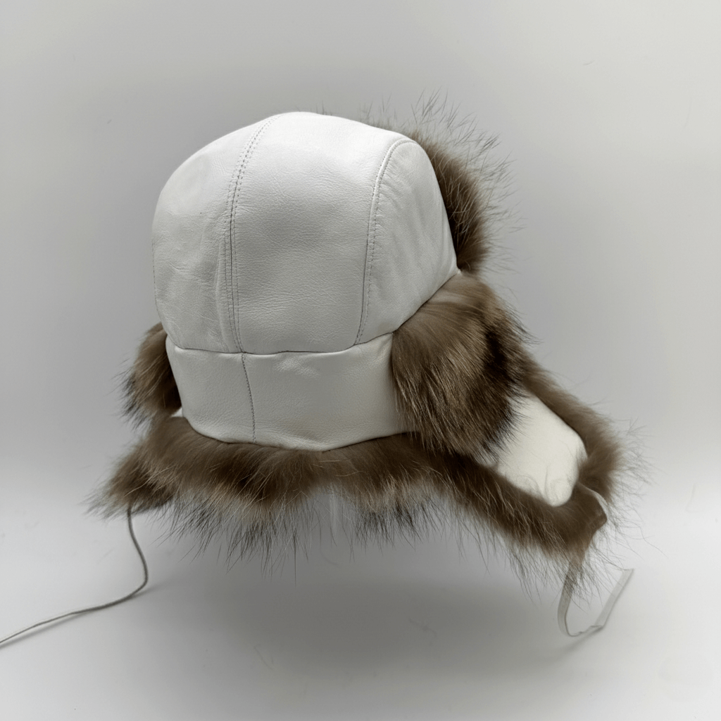 Raccoon Fur Trapper Hat, White Leather
