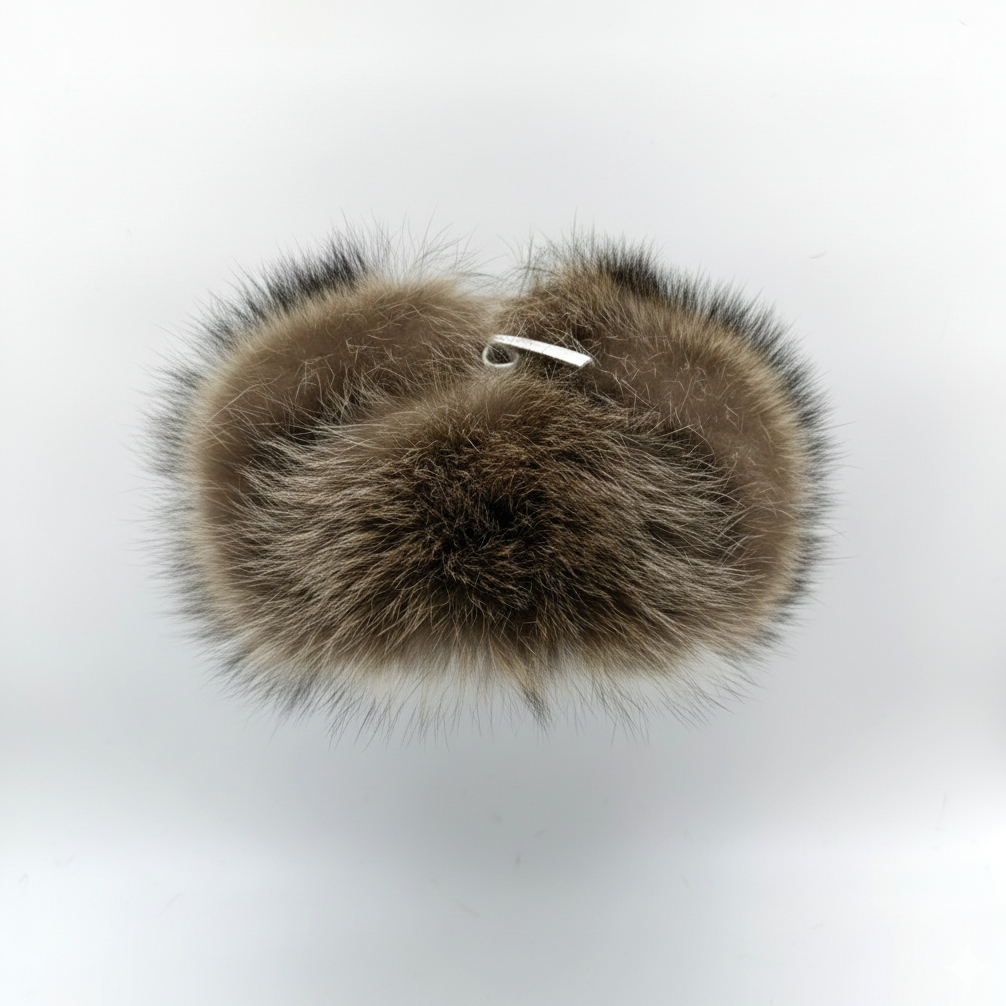 Raccoon Fur Trapper Hat, White Leather
